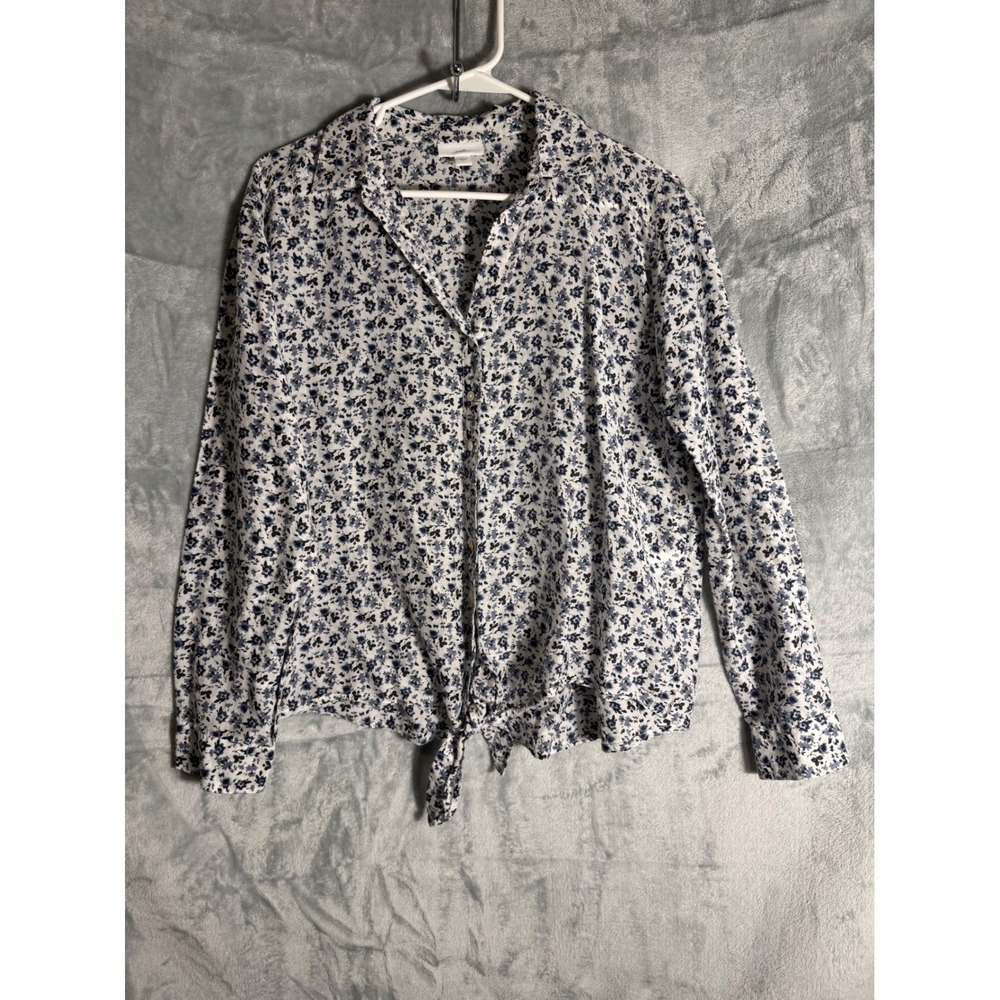 J. Jill Blue Floral Tie Front Button Down Shirt Womens Small Long Sleeve White